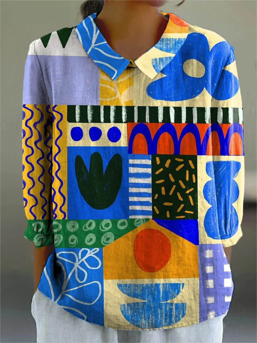Women's Abstract Geometric Pattern Art Print Casual Cotton And Linen 3/4 Sleeve Shirt