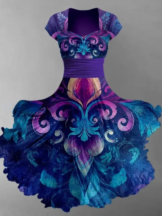 Retro Art Print V-Neck Vintage Chic Short Sleeve Midi Dress