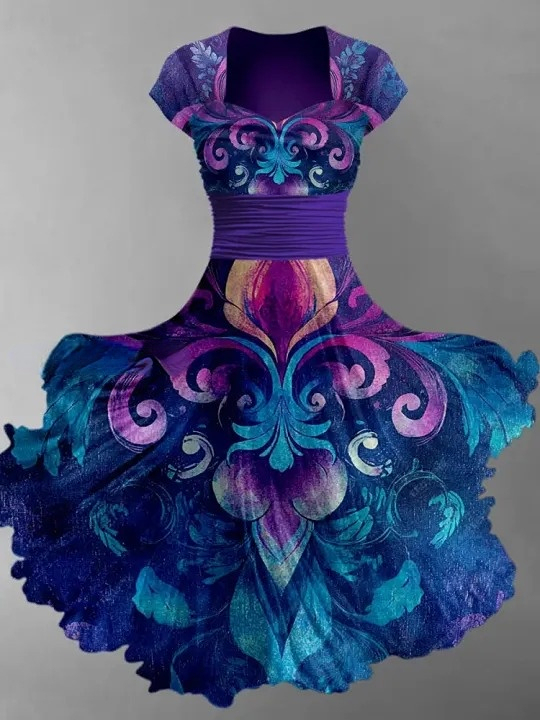 Retro Art Print V-Neck Vintage Chic Short Sleeve Midi Dress