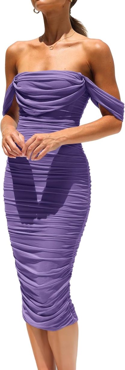 PRETTYGARDEN Wedding Guest Dress 2025 Summer Off Shoulder Ruched Elegant Sexy Bodycon Homecoming Cocktail Party Midi Dress