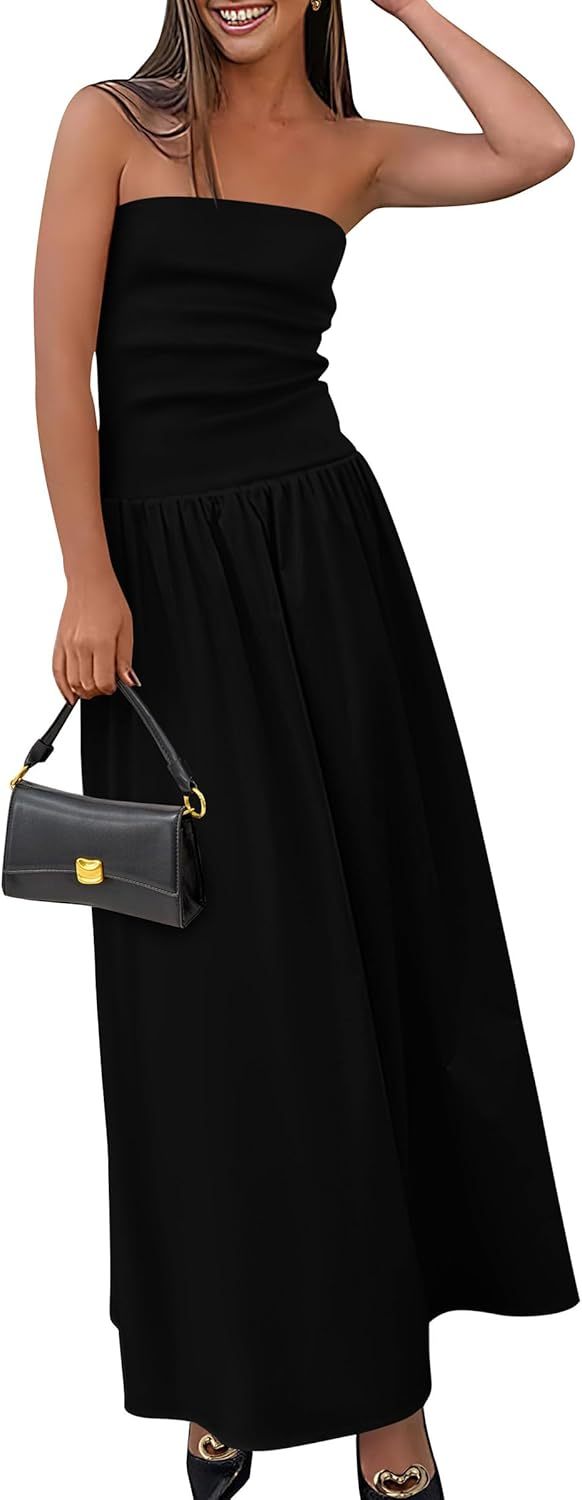 Women's 2025 Spring Strapless Maxi Dresses Patchwork Long Flowy Pockets Elegant Going Out Summer Tube Top Dress