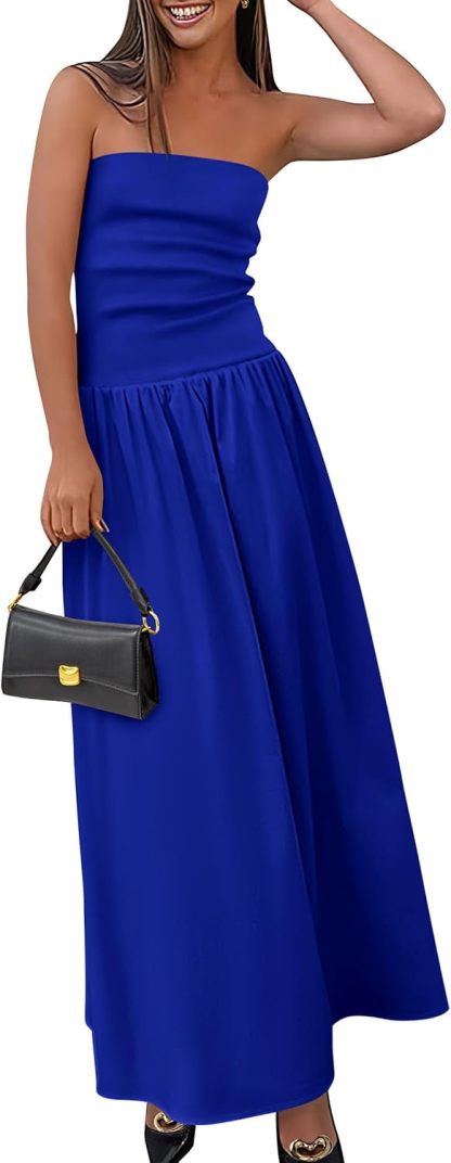 Women's 2025 Spring Strapless Maxi Dresses Patchwork Long Flowy Pockets Elegant Going Out Summer Tube Top Dress