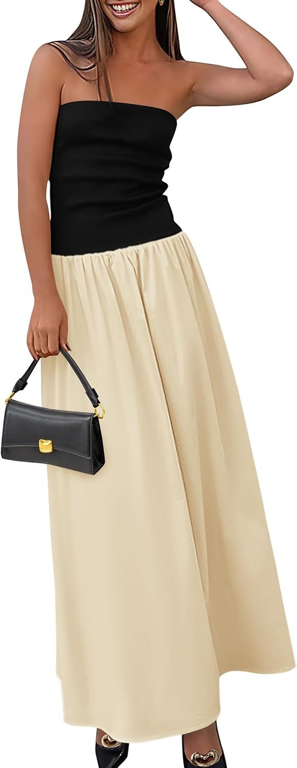 Women's 2025 Spring Strapless Maxi Dresses Patchwork Long Flowy Pockets Elegant Going Out Summer Tube Top Dress