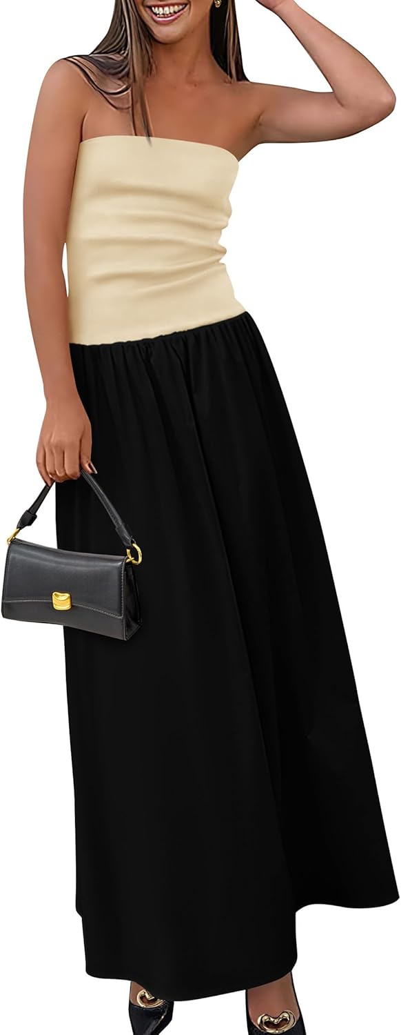 Women's 2025 Spring Strapless Maxi Dresses Patchwork Long Flowy Pockets Elegant Going Out Summer Tube Top Dress