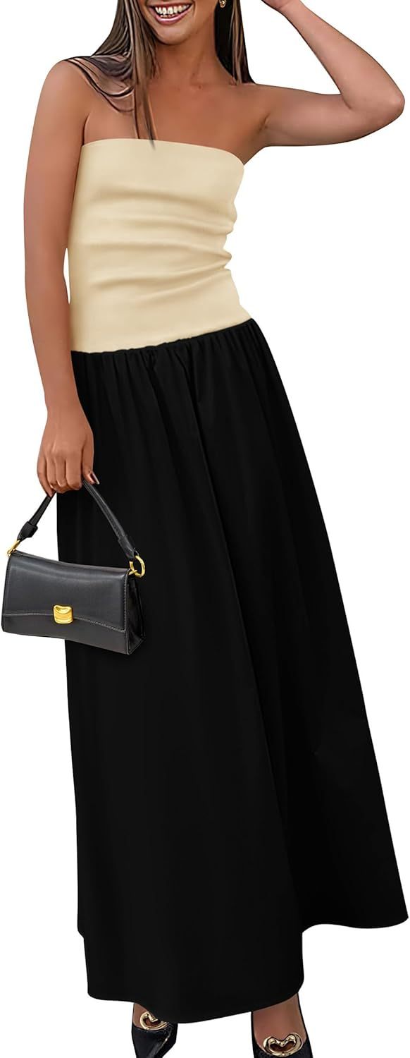 Women's 2025 Spring Strapless Maxi Dresses Patchwork Long Flowy Pocket