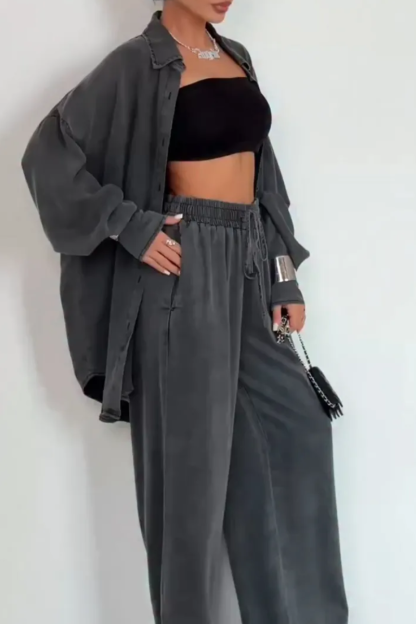 Women Lapel Buttoned Cardigan + Pants Solid Color Casual Suit