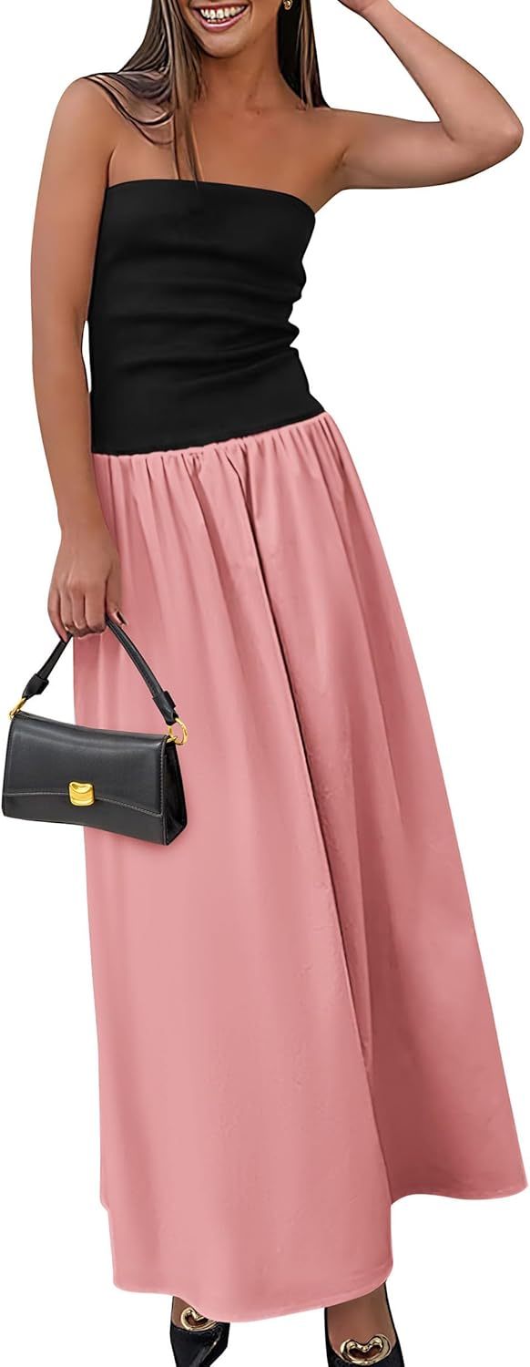 Women's 2025 Spring Strapless Maxi Dresses Patchwork Long Flowy Pockets Elegant Going Out Summer Tube Top Dress