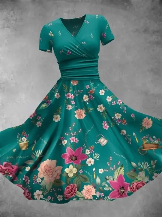 Vintage Bohemian Floral Print V Neck Elegant Chic Loose Short Sleeve Midi Dress