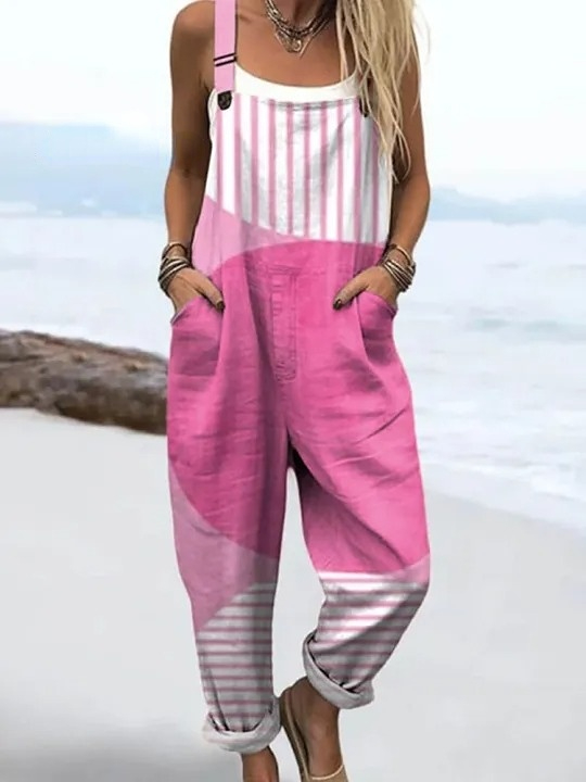 Women's Abstract Geometric Pattern Art Print Casual 100% Cotton Wide Leg Jumpsuit