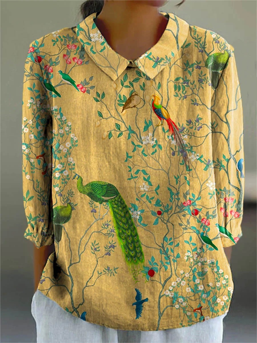  Women's Vintage Lovely Floral Birds Art Print Casual Cotton And Linen 3/4 Sleeve Shirt