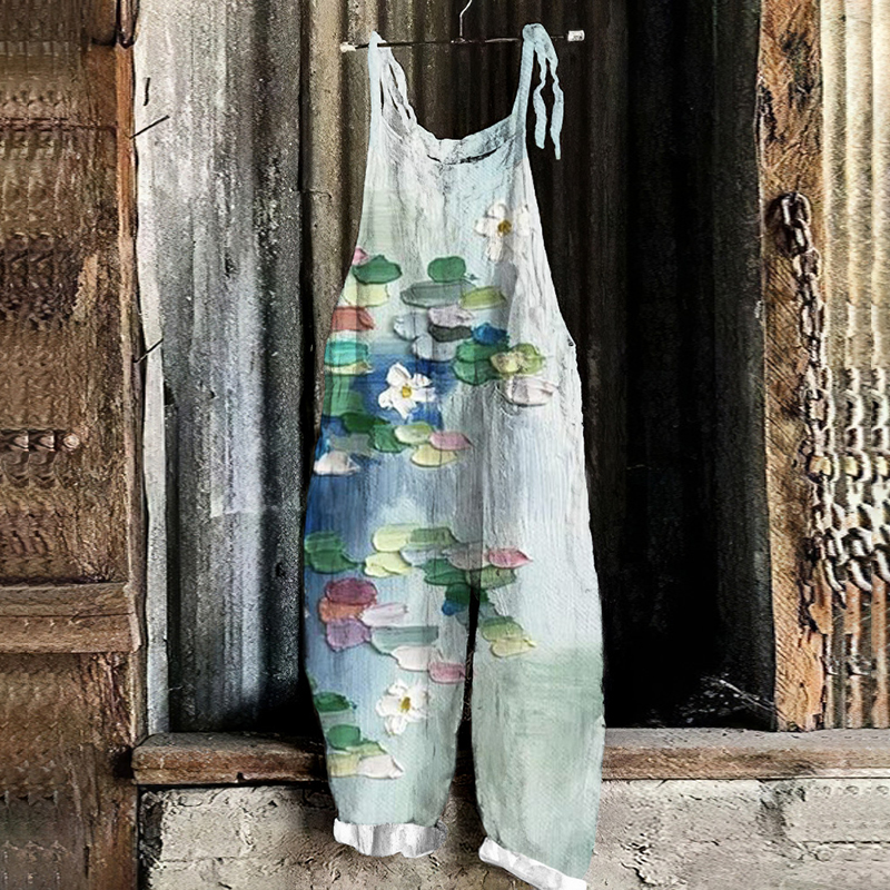 Vintage Watercolor Lotus Art Linen Blend Loose Casual Jumpsuit