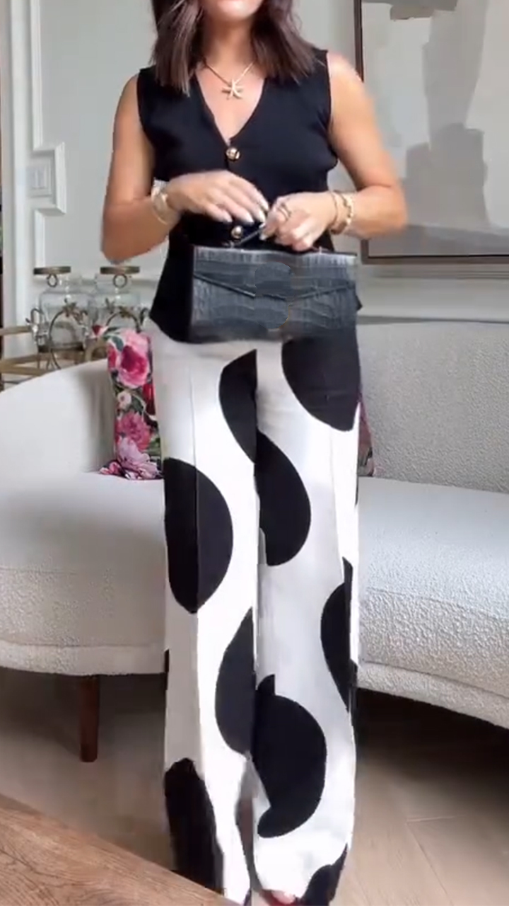 Ladies V-neck Top+ Round Printed Pants Casual Set