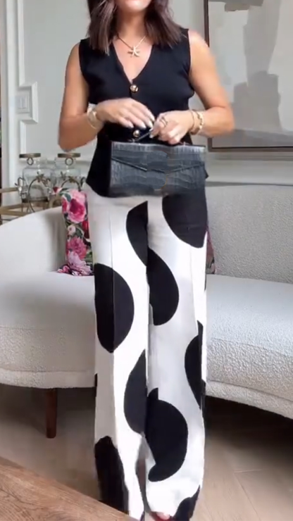 Ladies V-neck Top+ Round Printed Pants Casual Set