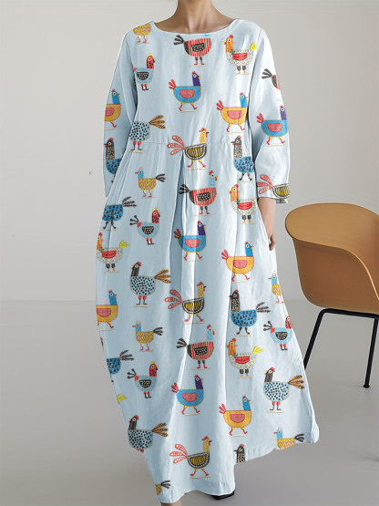 Funny Chicken Embroidery Pattern Linen Blend Long Sleeve Dress