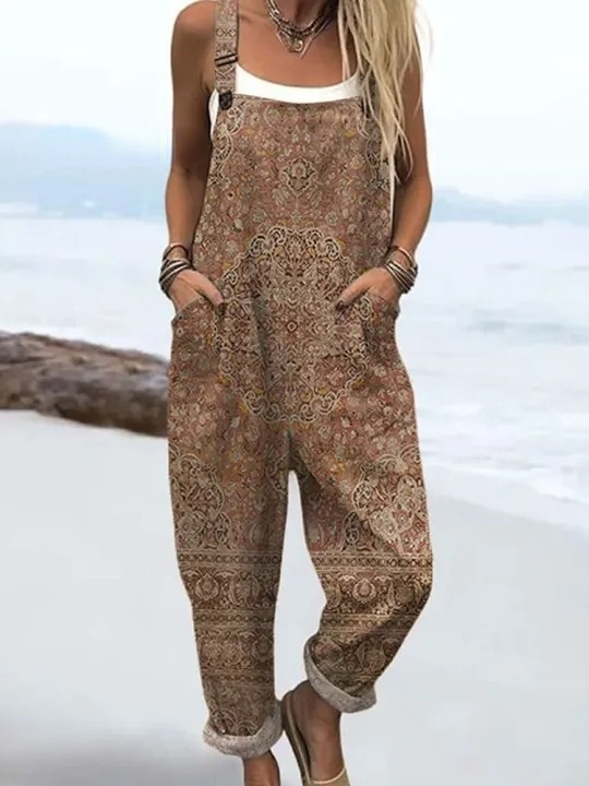 Women's Boho Vintage Art Print Casual 100% Cotton Wide Leg Jumpsuit