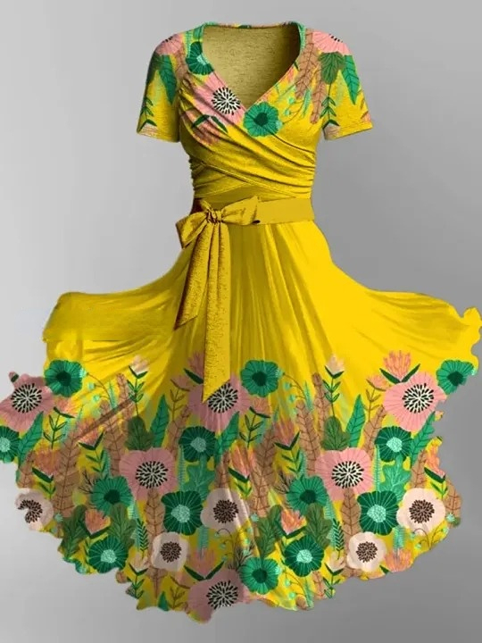 Floral Print Vintage V-Neck Short Sleeve Two-Piece Midi Dress