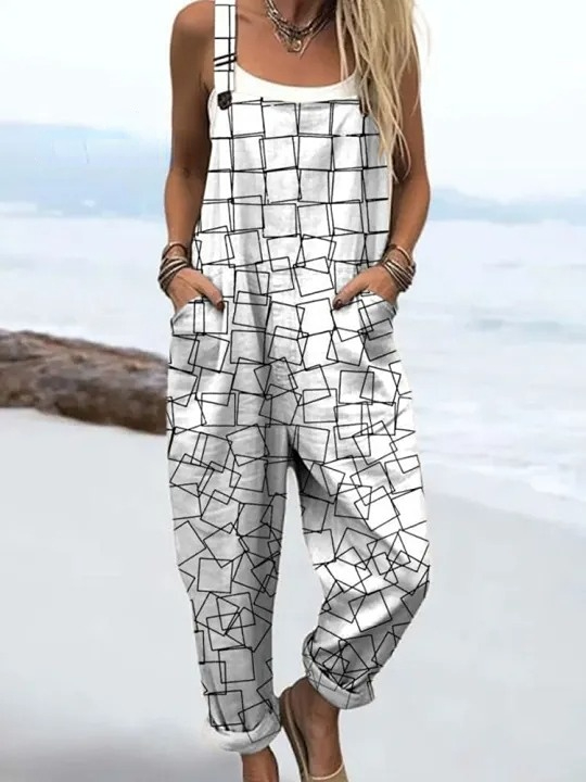 Women's Simple Square Art Print Casual 100% Cotton Wide Leg Jumpsuit