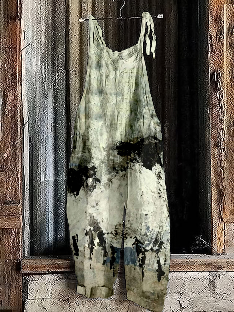 Abstract Sheep Art Painting Linen Blend Cozy Jumpsuit