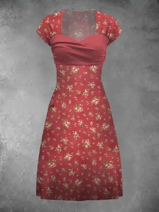 Retro Floral Art Print Elegant Chic Short-Sleeved Midi Dress