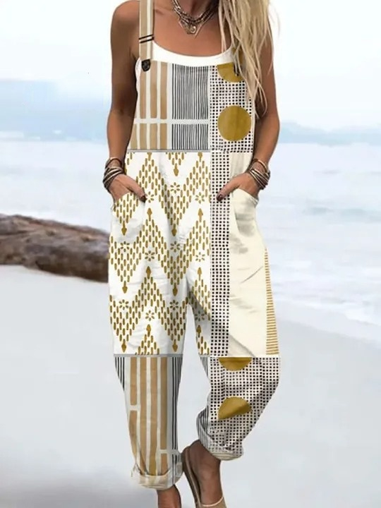 Women's  Vintage Abstract Geometric Art Print Casual 100% Cotton Wide Leg Jumpsuit