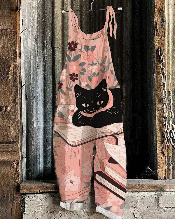 Vintage Floral Cat and Book Print Jumpsuit