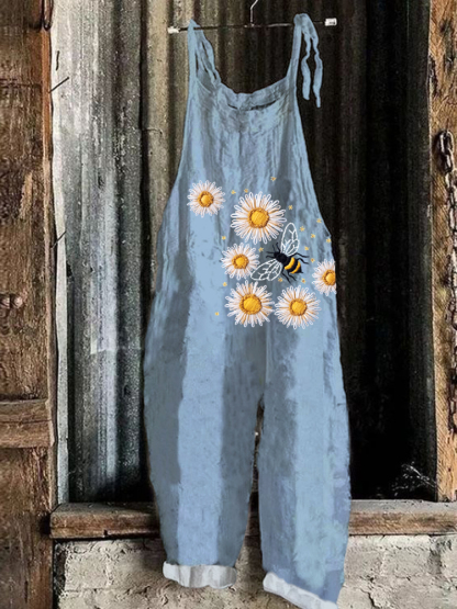 Bee & Daisy Embroidered Pattern Linen Blend Casual Jumpsuit