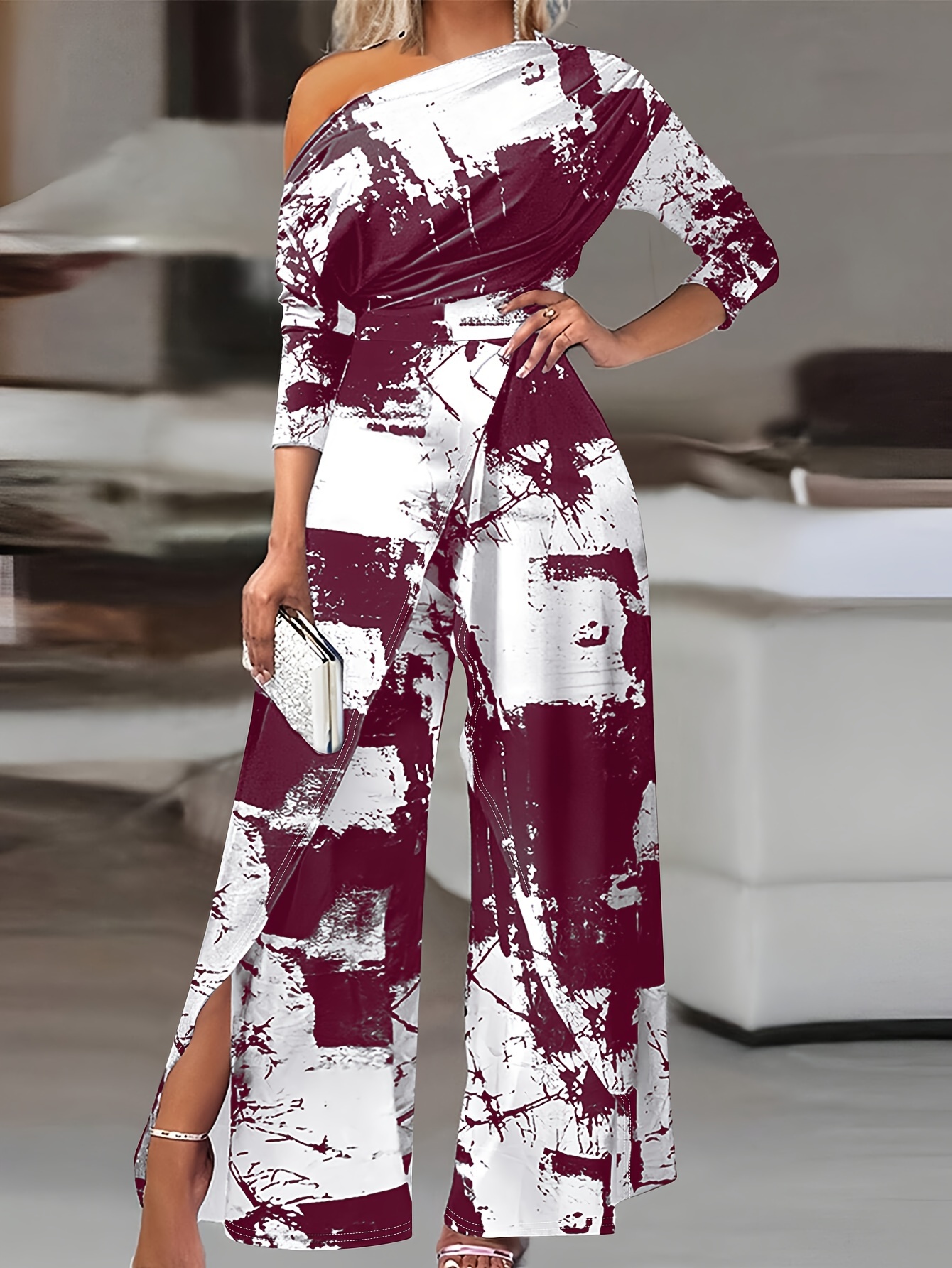 One Shoulder Jumpsuit, Elegant Split Jumpsuit For Spring, Women's Clothing