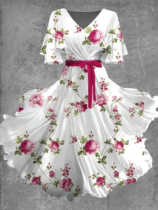 Vintage Floral Art Print Chic V-Neck Short Sleeve Midi Dress