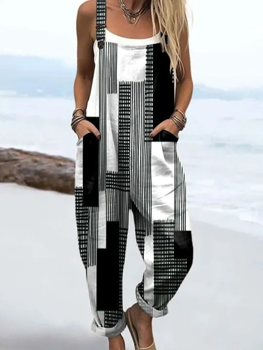 Women's Abstract Black White Stripes Art Print Casual 100% Cotton Wide Leg Jumpsuit