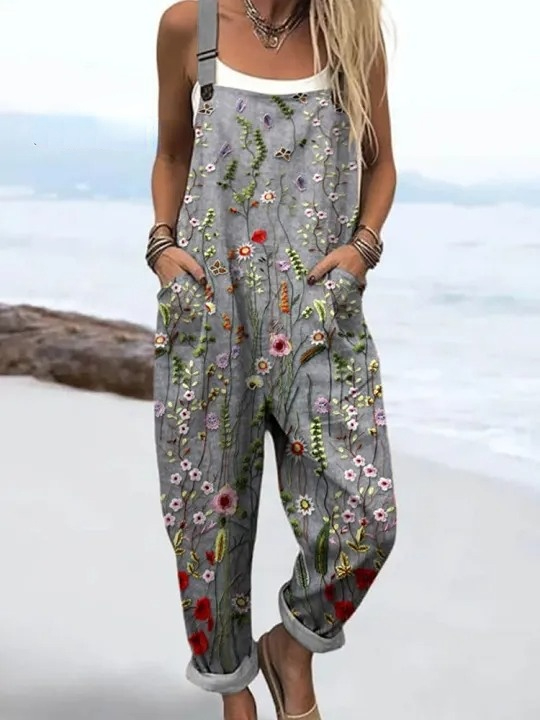 Women's Vintage Lovely Floral Art Print Casual 100% Cotton Wide Leg Jumpsuit