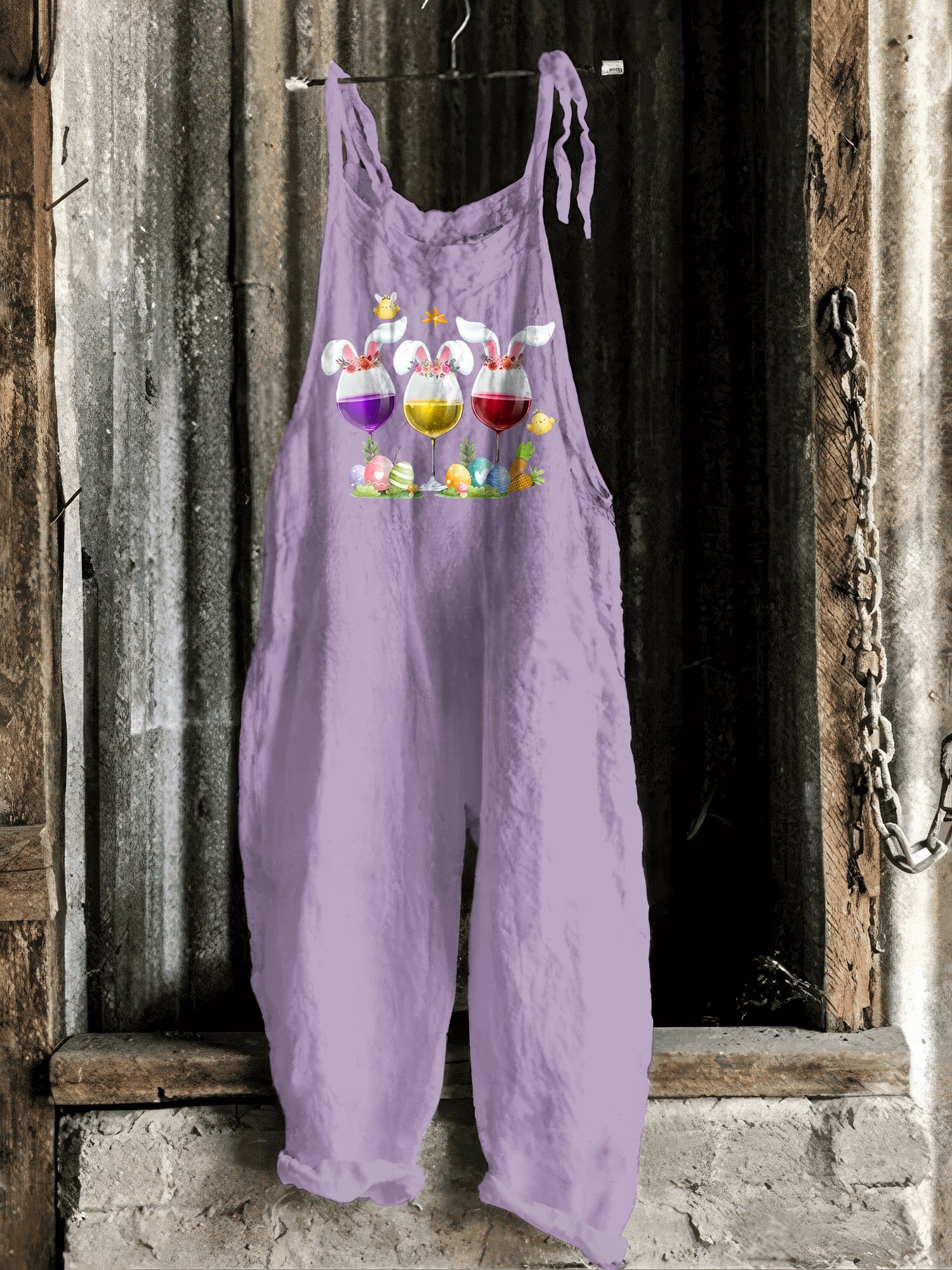 Vintage Easter Bunny Wine Pattern Casual Jumpsuit