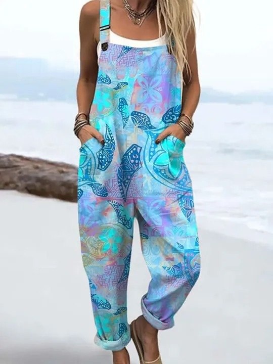 Women's  Vintage Turtle Art Print Casual 100% Cotton Wide Leg Jumpsuit