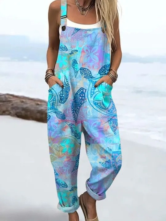Women's Vintage Turtle Art Print Casual 100% Cotton Wide Leg Jumpsuit