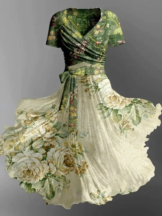 Floral Print Vintage V-Neck Short Sleeve Two-Piece Midi Dress