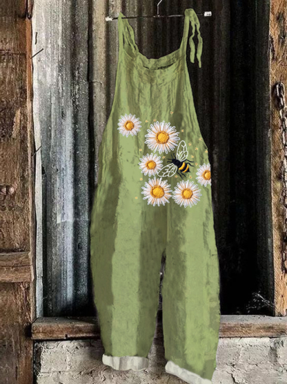 Bee & Daisy Embroidered Pattern Linen Blend Casual Jumpsuit