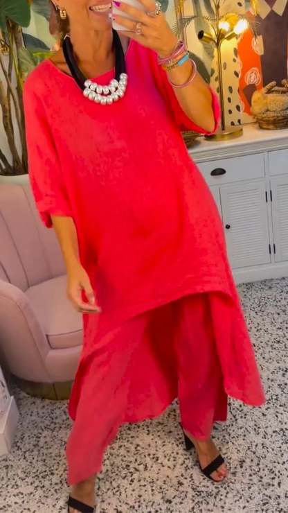 🔥Two-piece suit in cotton and linen, with a round neckline and long sleeves