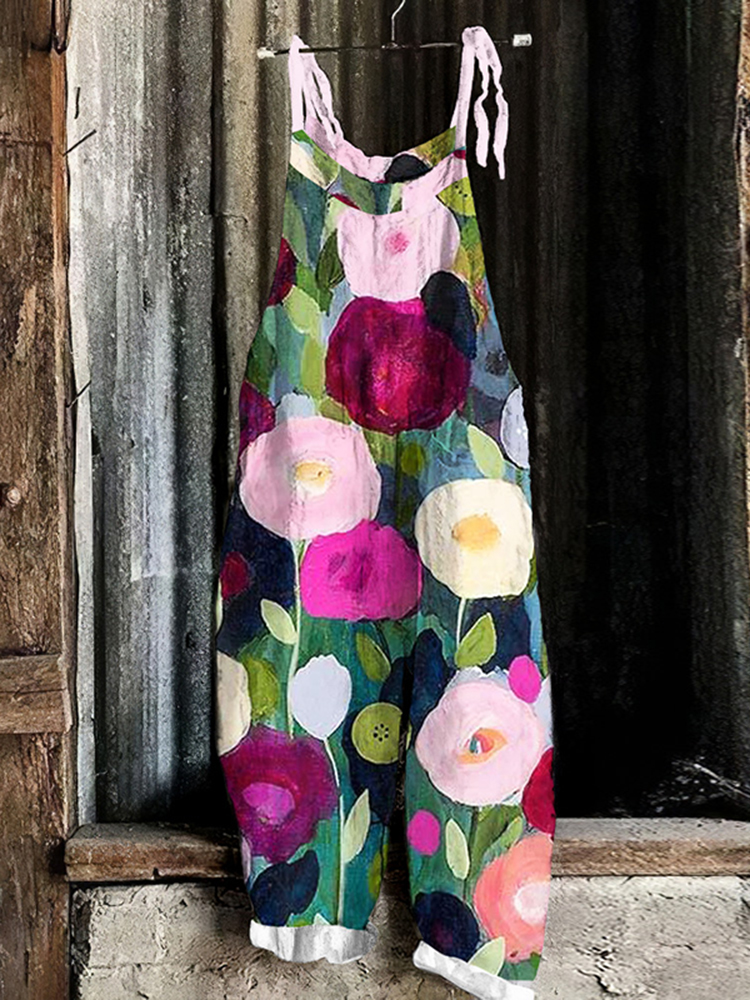 Vintage Summer Floral Art Linen Blend Loose Casual Jumpsuit