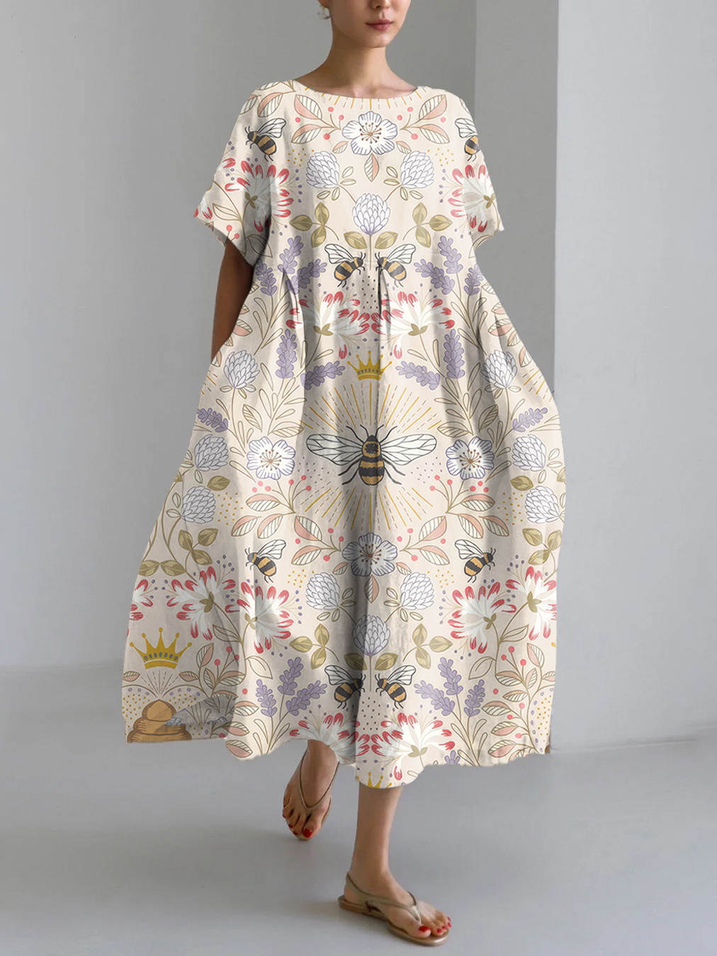 Vintage Bees & Floral Pattern Linen Blend Maxi Dress