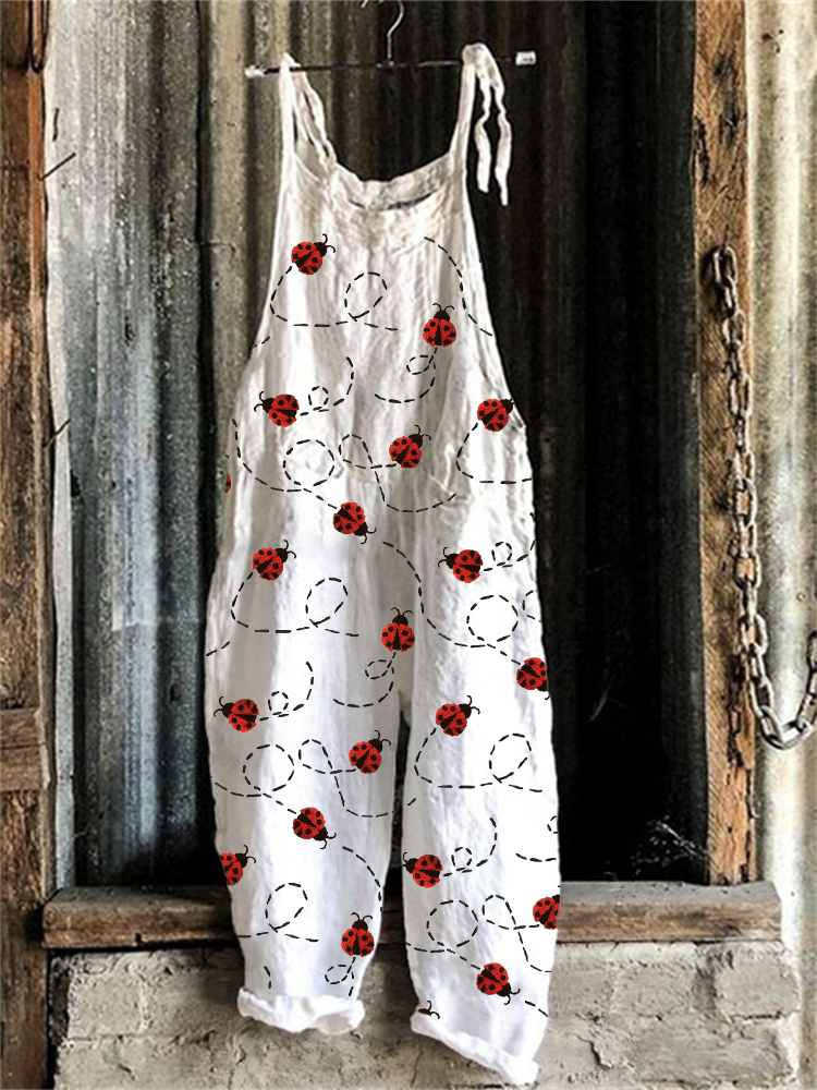 ladybugs Embroidery Pattern Loose Fit Jumpsuit