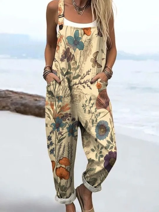 Women's Vintage Flower Art Print Casual 100% Cotton Wide Leg Jumpsuit