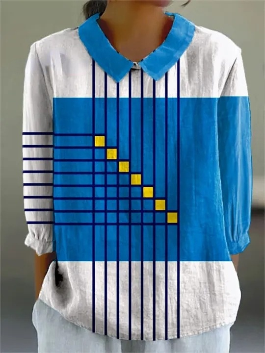Women's Simple Color Block Stripe Art Print Casual Cotton And Linen 3/4 Sleeve Shirt