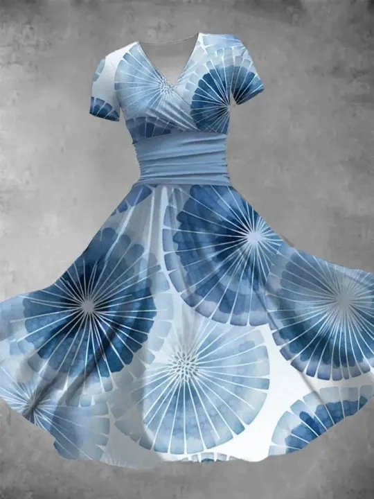 Leaf Art Print V-Neck Vintage Fashion Short Sleeve Midi Dress