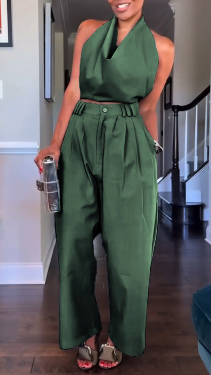 Women's Halter Neck Sleeveless Cotton and Linen Casual Suit