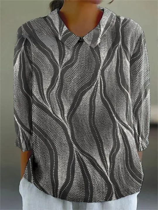 Abstract Geometric Pattern Printed Women's Casual Cotton And Linen 3/4 Sleeve Shirt