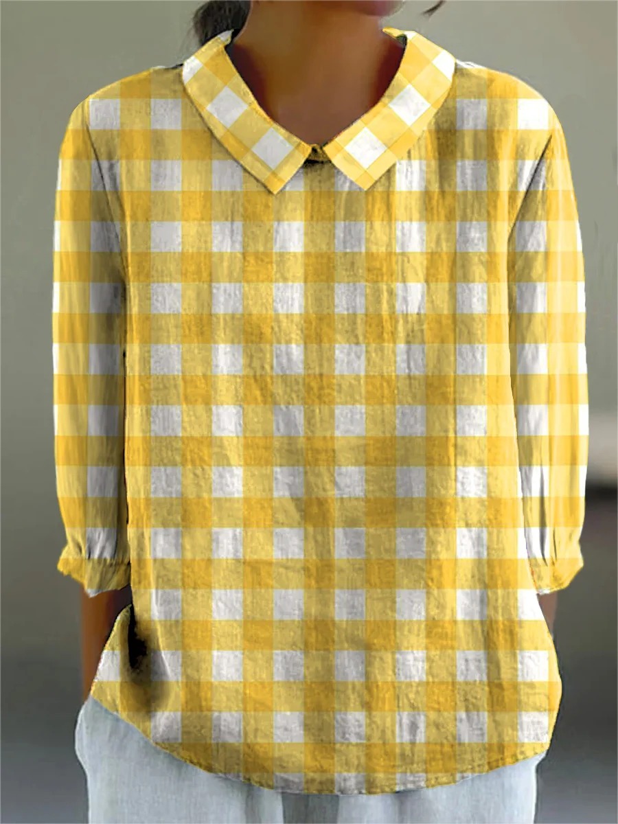 Summer Plaid Pattern Printed Women's Casual Cotton And Linen 3/4 Sleeve Shirt