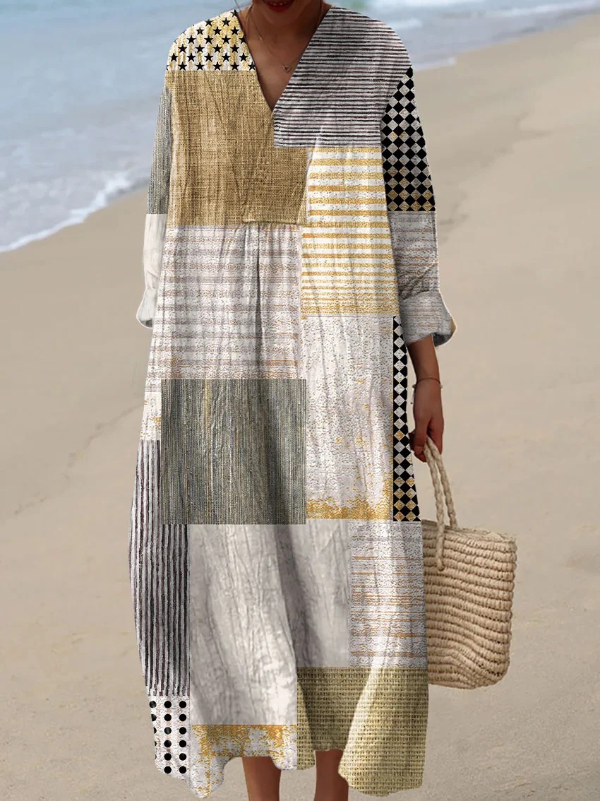 Women's Vintage Colorblock Striped Art Print Dress