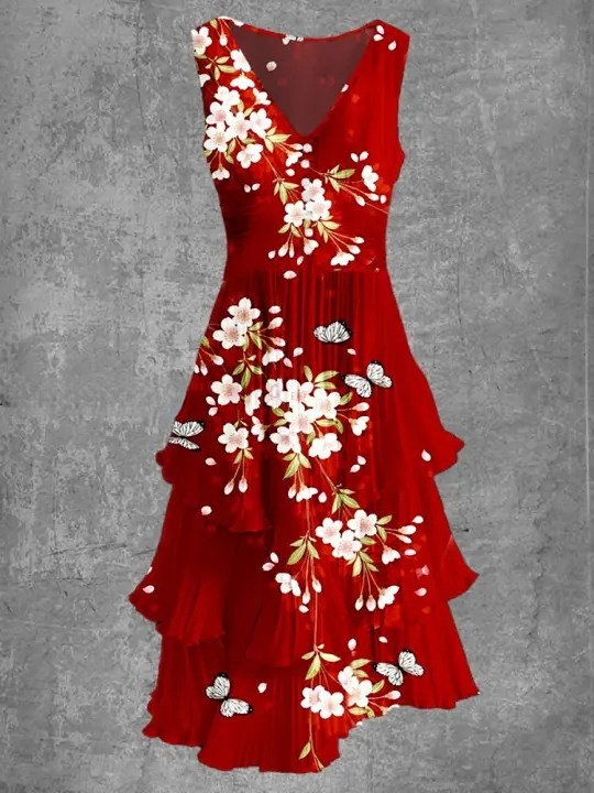 Floral Art Print Sleeveless V-Neck Button Up Retro Midi Dress