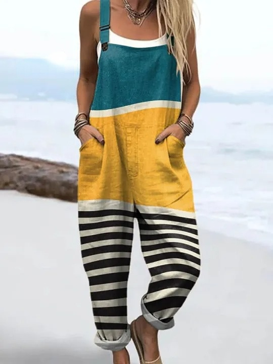 Women's Abstract Geometric Line Pattern Art Print Casual 100% Cotton Wide Leg Jumpsuit