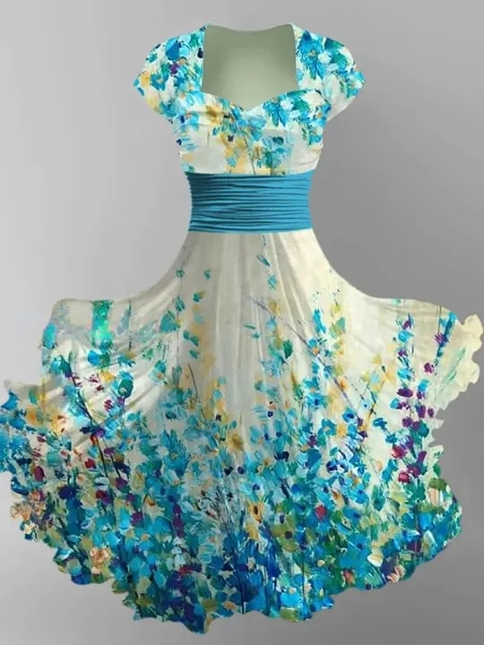 Abstract Floral Art Print V-Neck Vintage Chic Short Sleeve Midi Dress