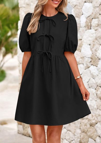 Womens 2025 Summer Casual Short Sleeve Dresses A Line Bow Tie Front Babydoll Loose Cute Mini Dress with Pockets